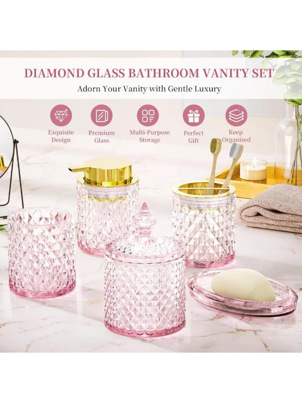 Chic 5-Piece Pink Glass Bathroom Accessories Set for Vanity Decor & Organization